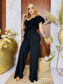 Palazzo o Jumpsuit /mono de tirantes asimétricos con escarolas  Liso  Elegante  Casual  Tela  Cinturón    Unitalla y curvy  Diario - Negro - Ver 7