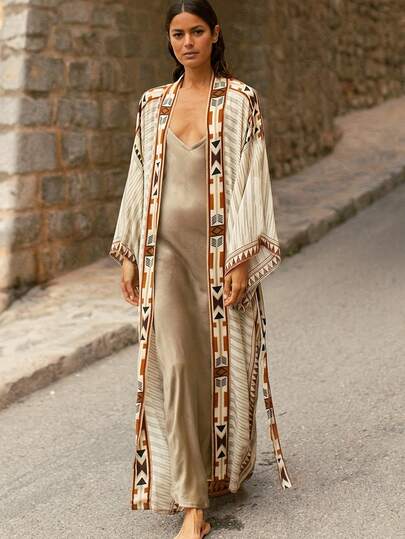 加大码超大复古波西米亚印花长款和服罩衫，透气竹针织，夏季沙滩泳衣罩衫，轻盈宽松版型