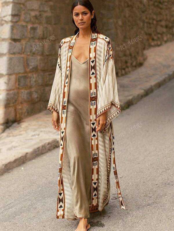 Großen Größen Große Größen Vintage Boho Muster Lange Kimono Strandkleid, atmungsaktive Bambusjersey, Badeanzug Strandüberwurf, leicht und locker geschnitten