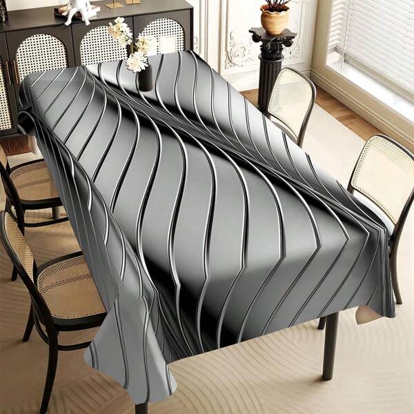 1pc Elegant European Tablecloth,Wave Line Design Silver Gray Tablecloth,Machine Washable, Polyester Fiber Tablecloth, Suitable For Dining And Coffee Tables - The Perfect Choice For Home Decoration