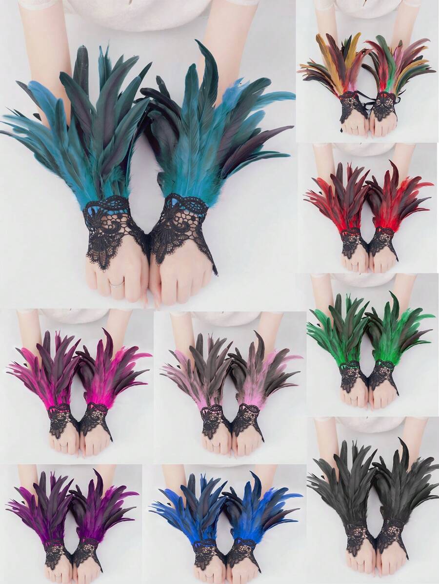 Women Lace Artificial Feather Gloves Witch Angel Costume Accessories Swan Wings Wrist Bands Halloween Accessories