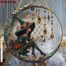 1 pezzo Ciondolo a forma di cappello da strega con luna in cristallo acrilico, decorazione per finestra in vetro colorato, opera d'arte da appendere alla parete, adatto per cortile, giardino, camera da letto, decorazione domestica, Ognissanti, feste, regalo di inaugurazione casa, 2D - Corda multicolore-oro - Visualizzare 6