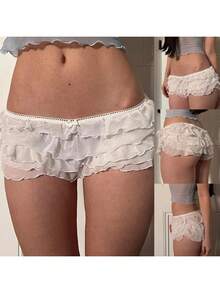 Womens Layered Ruffle Bloomers Bow Low Rise Mini Under Shorts For Dresses Summer Clothes - trắng - Xem 3