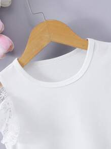 Girls Casual Elegant Cap Sleeve Lace Trim Solid Color T-Shirt, Spring/Summer