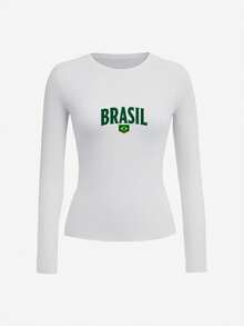 Brazilian Flag Green Yellow Diamond Women's Fashion Long Sleeve Shirt, Y2K, Streetwear, Casual, Rock, Crew Neck, Women's T-Shirt, Festival, Vacation, Holiday, Everyday Versatile Fashion Tops - White - View 1