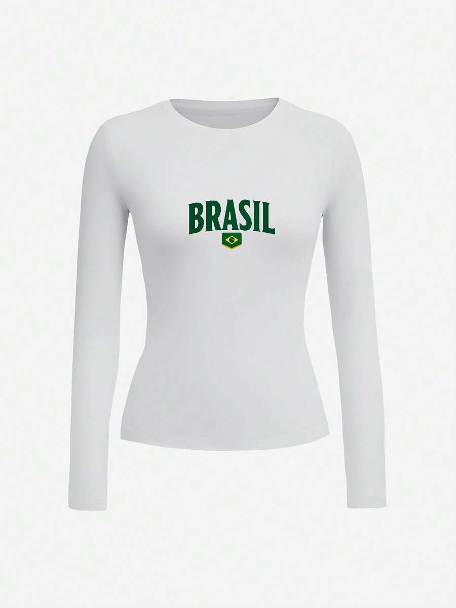Brazilian Flag Green Yellow Diamond Women's Fashion Long Sleeve Shirt, Y2K, Streetwear, Casual, Rock, Crew Neck, Women's T-Shirt, Festival, Vacation, Holiday, Everyday Versatile Fashion Tops - White - View 1