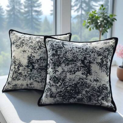 1 قطعة غطاء وسادة فاخر كلاسيكي ذو طراز أوراق أبيض وأسود بنمط النسيج الحريري المذبل