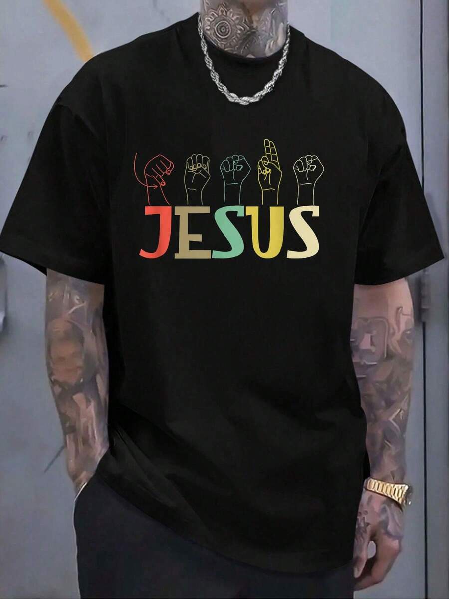 Sign Language T-Shirt, Casual Crew Neck Short Sleepved Summer T-Shirt, MEN'S Top - Black - View 1