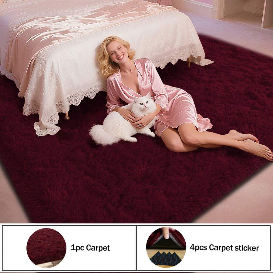 Room Decorative Rugs, Soft Fluffy Cheap Bedroom Rugs (With 4 Free Rug Stickers), Living Room Rugs, Bedroom Rugs, Kids Room, Dormitory, Baby Room Indoor Rugs, Home Decor Aesthetics, - Burgundy - View 1