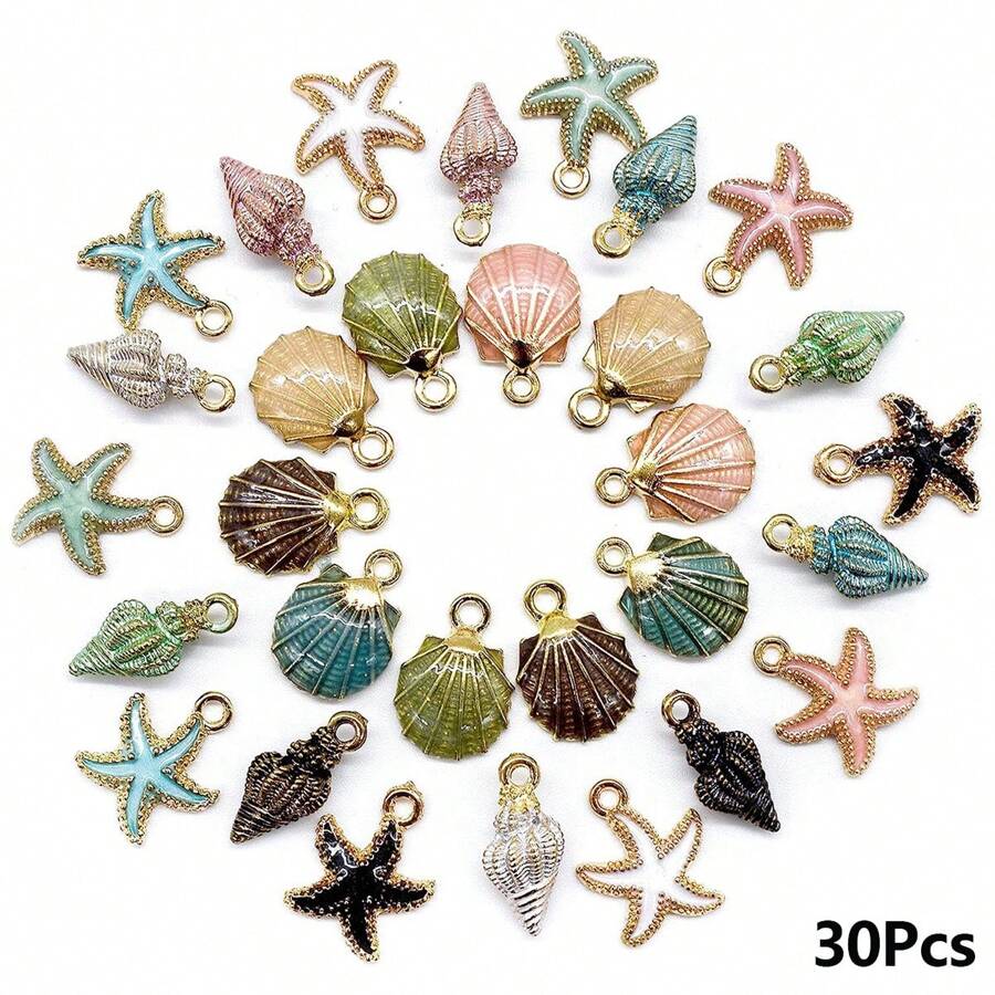 30pcs Assorted Enamel Ocean Series Charms (Starfish, Seashell, Conch), For DIY Jewelry Making Necklace Bracelet Earrings Pendants