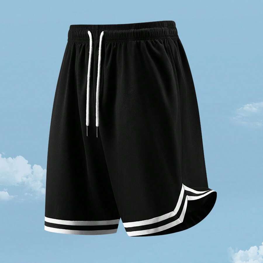 ​Summer New Arrival Boyfriend Style Men's Solid Color Quick-Drying Casual Sports Shorts With Drawstring Waistband, Perfect For Fitness, Running, And Beachwear - Black - View 1