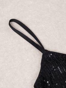 HOMEYEE Fashionable Sexy V-Neck Spaghetti Strap Split Sequin Embellished Bodycon Dress, Suitable For Halloween Party, Formal Evening, Cocktail, Wedding, Gala, Prom