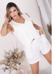 Conjunto alfaiataria colete short bermuda social moda blogueira botao casaquinho