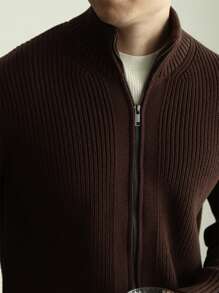 Cárdigan para hombre de punto acanalado con cuello alto y cierre de cremallera, de color liso y casual