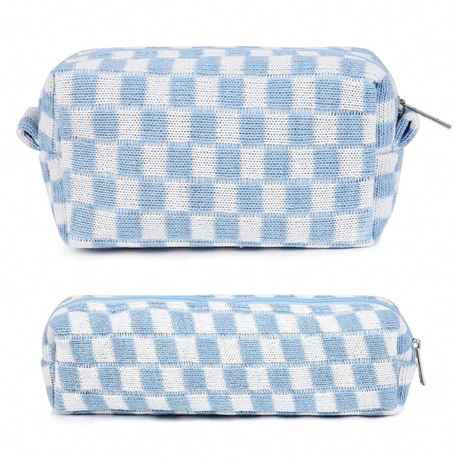 Checkered Makeup Bag Preppy Cosmetic Bag Bulk Blue Makeup Pouch Travel Toiletry Bag Organizer Cute Makeup Brushes Storage Bag Women Fashion - 藍色 - 查看 1