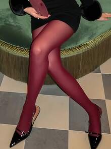 1pc Fashionable And Versatile Solid Color Footless Tights For Dress, For Christmas Gift - Burgundy - View 2