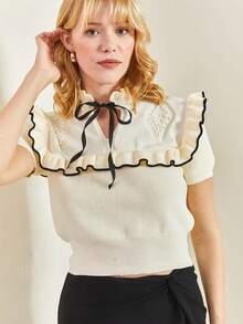 Women Bow Detail Short Sleeve Knit Sweater, Casual Crinkled Ruffle/Frill Contrast Trim Multi-Layered Cake