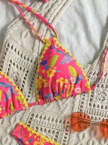 女士新款西式时尚沙滩度假休闲碎花露背比基尼两件套泳衣夏季