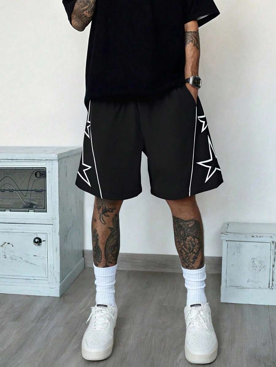 男士轻盈透气休闲短裤，时尚星星设计，宽松版型，百搭，夏季 - 黑色 - 查看 1