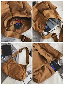 复古邮差包，休闲旅行斜挎包，多口袋单肩包，美式复古厚帆布包，大容量可折叠托特包，学院风学校/大学背包 - 彩色 - 查看 11