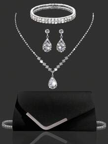 Conjunto de bolso de embrague elegante de noche para mujer con adornos brillantes, correa de cadena de diamantes y juego de pulsera, collar y aretes. Bolso de embrague con solapa y brillos, cadena metálica cruzada para fiesta, boda, baile de graduación, cena/banquete. El mejor regalo para Año Nuevo y San Valentín.