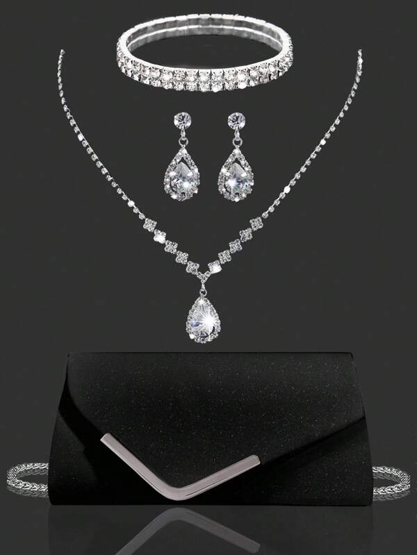 Conjunto de bolso de embrague elegante de noche para mujer con adornos brillantes, correa de cadena de diamantes y juego de pulsera, collar y aretes. Bolso de embrague con solapa y brillos, cadena metálica cruzada para fiesta, boda, baile de graduación, cena/banquete. El mejor regalo para Año Nuevo y San Valentín.