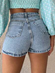 JANE FINE 9044 Women's Denim Shorts Without Stretch Buttons Zipper Real Pockets With Ripped High Waist - 中等水洗藍 - 查看 3