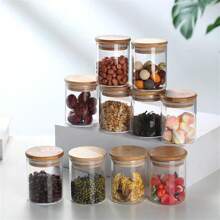 1 pieza/1 set 12 frascos de almacenamiento de alimentos de vidrio con tapa de bambú hermética, recipiente transparente portátil para té, granos de café, azúcar, dulces, galletas, especias, utensilios de cocina