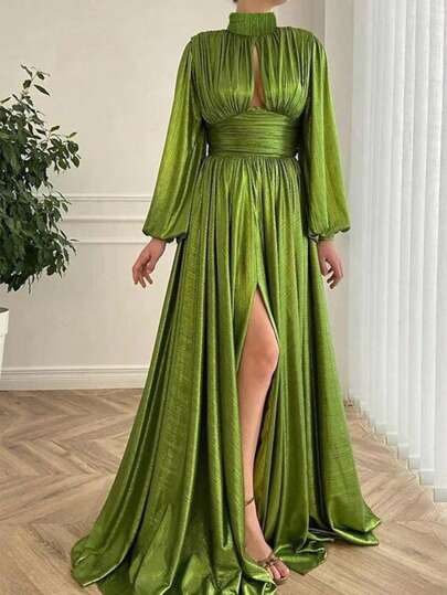 Vestido elegante de fiesta para mujer con cuello alto metalizado de unicolor, mangas farol, aberturas y bajo con abertura, vestido de cóctel para invitada de boda