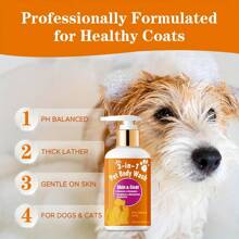 Shampooing pour animaux de compagnie 3-en-1 avec vitamine E - nettoie en profondeur et nourrit, élimine la saleté et l'huile, améliore la peau sèche et rugueuse de couleur beige clair, hydrate pour les chiens et les chats, utilisation quotidienne, formule nettoyante, ingrédients nourrissants