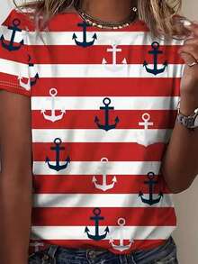 Plus Size Women's Striped Graphic Tees Crew Neck Short Sleeve Summer Casual Tee Tops RedT-Shirt - 紅色 - 查看 1