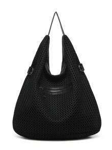 复古网眼托特包，大容量朋克铆钉斜挎包，大尺寸女士手提包