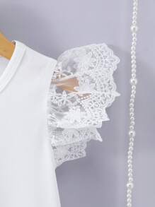 Girls Casual Elegant Cap Sleeve Lace Trim Solid Color T-Shirt, Spring/Summer