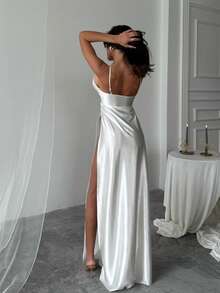 Women's Solid Color Elegant Backless Split Ruffle Hem Dress, Formal Wedding Party Evening Gown - White - View 2
