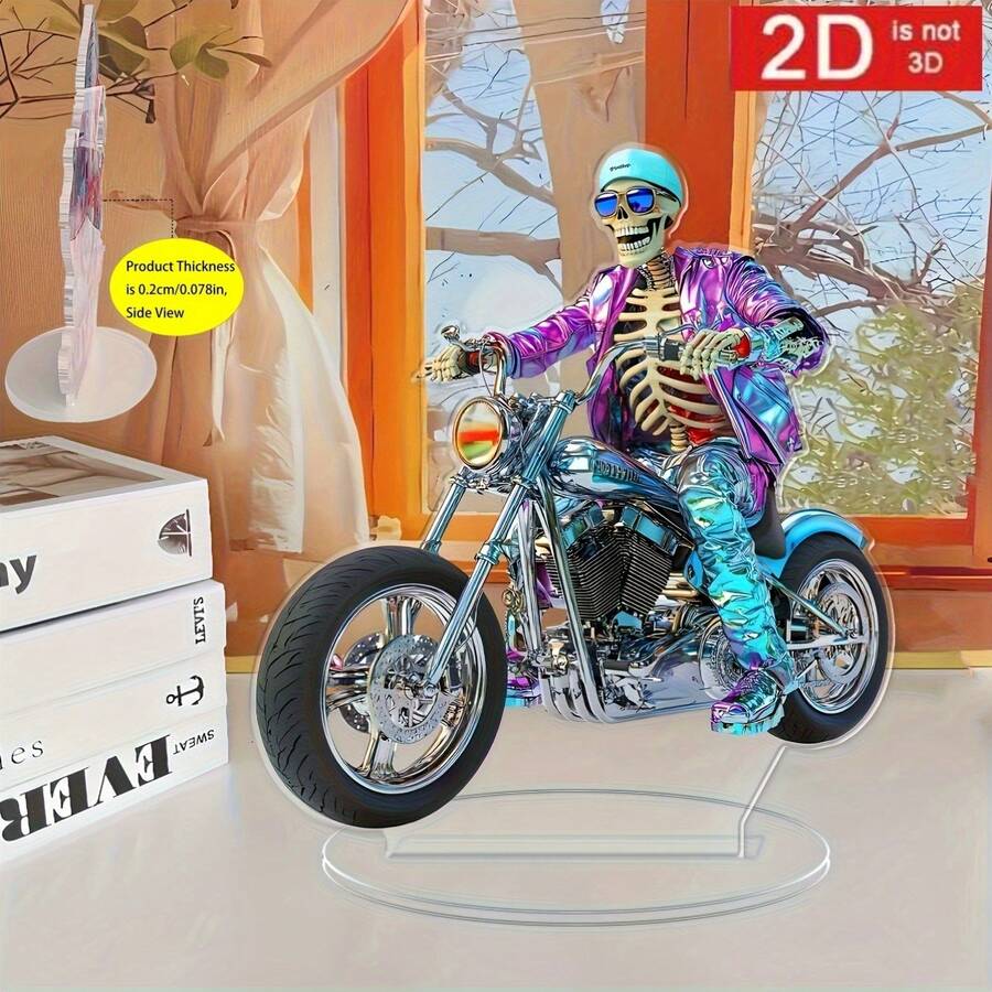 2D Flat Acrylic Printed Sculpture Of Skull Riding Motorcycle, Ideal For Bedroom, Office Desk Decor And Unique Gift Idea - Multicolor - View 1