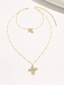 Secret Garden Flower Leaf Gold Long Necklace, Double-Layered Rhinestone Necklace, For Banquets, Parties And Daily Life - Gold - View 3