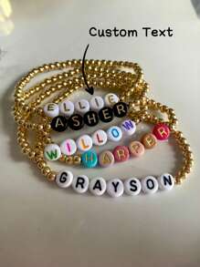 1pc Custom Gold Beaded Name Bracelet, Custom Name Tag, 4mm 14k Gold Plated Round Beads With Colorful Letter Beads Stretch Bracelet, Personalized Gifts For Men And Women, Women's Personalized Bracelet, Unique Gift For Friends/Girlfriends/Family/Mom, Suitable For Women, Mother's Day Gift, Valentine's Day Gift, Christmas, Birthday Gift, Wedding, Party And Daily Wear