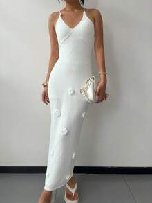 女装春夏休闲度假海滩海边纯色吊带露肩立体花朵毛呢针织连衣裙 - 白色 - 查看 1