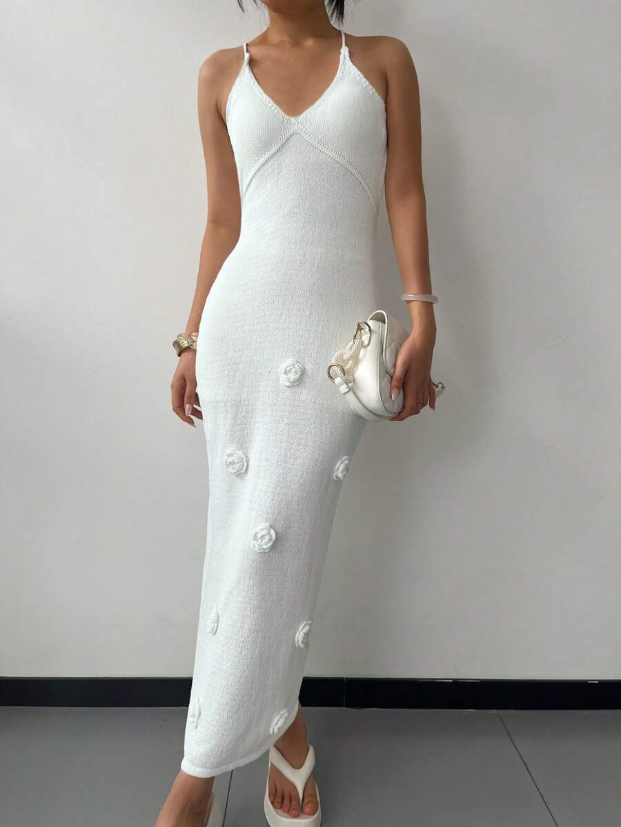 女装春夏休闲度假海滩海边纯色吊带露肩立体花朵毛呢针织连衣裙 - 白色 - 查看 1