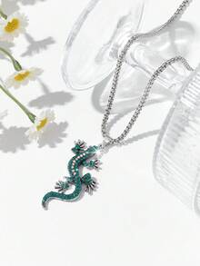 1 件时尚欧美复古独特嘻哈壁虎吊坠项链，全镶嵌水钻，适合男女休闲街头穿着 - 彩色 - 查看 3