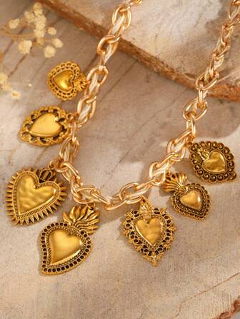 1 pièce Collier pendentif cœur 3D style vintage bohème avec corde et chaîne épaisse, convient pour le port quotidien des femmes