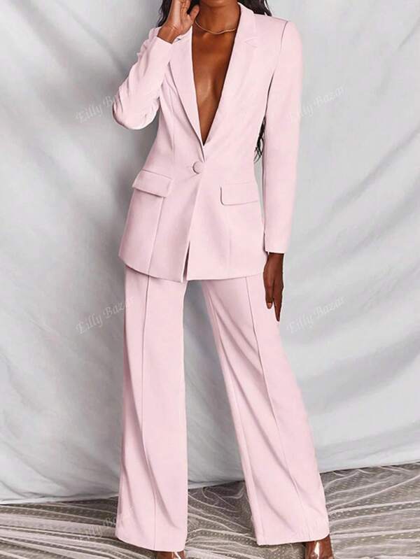 Women Solid Lapel Neck Single Button Blazer & Pants Suit