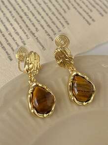 2pcs Maillard Tigereye Teardrop Clip On Earrings, Geometric Earrings No Piercing Required, Lightweight Luxury