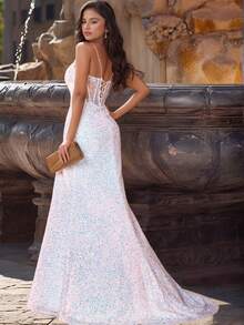 Sequin Mermaid Style Formal Evening Gown, High Slit Design, Suitable For Wedding Guests - Beige - View 3