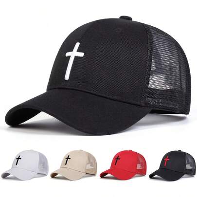 1pc Men's Cross Embroidered Trucker Hat, Casual Baseball Cap For Street Fashion, Suitable For Spring, Autumn, Travel, Beach