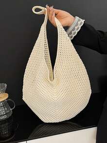 Yogodlns 时尚女士镂空编织单肩包大容量针织腋下包纯色钩针托特包夏季网眼沙滩包休闲大容量棉织包镂空设计单肩包女旅行度假沙滩包 - 米色 - 查看 1
