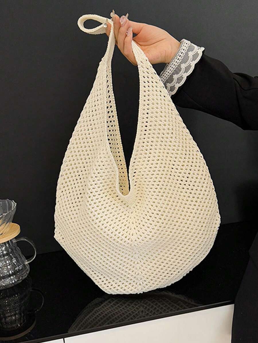 Yogodlns 时尚女士镂空编织单肩包大容量针织腋下包纯色钩针托特包夏季网眼沙滩包休闲大容量棉织包镂空设计单肩包女旅行度假沙滩包 - 米色 - 查看 1
