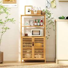 Bamboo Cabinet 5-Tier Bookshelf With Open Shelves And Doors-Natural - Khaki - View 8