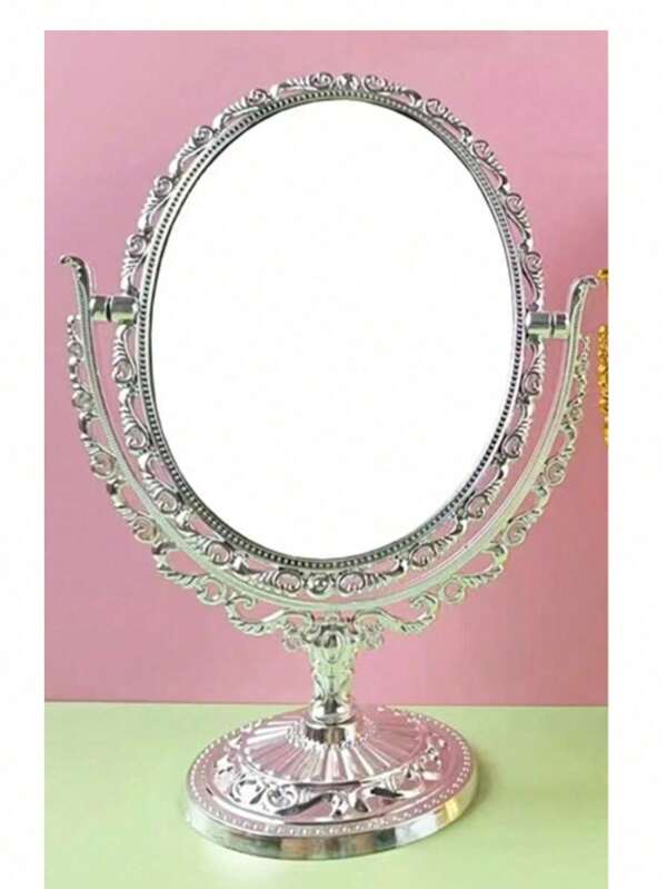 Espejo de maquillaje de estilo europeo clásico de doble cara, espejo de tocador vintage con flores, espejo de tocador giratorio redondo ovalado de 360°, espejo de tocador vintage dorado/plateado con borde decorativo, espejo de princesa para escritorio del dormitorio, espejo con forma de corazón, espejo redondo