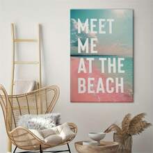 1 Stück modernes, klassisches, minimalistisches Design Strand-Motiv - Rosa Blaue Welle Holzrahmen Leinwand Poster Hochwertige Bild-Ästhetiken Wandkunst, moderne beliebte Dekorationsstile, Retro-Leinwandkunst, kreative Poster für Wohnzimmer und Schlafzimmer Dekoration